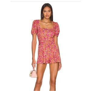 RESA x Revolve Penelope Romper Pink Floral Puff Sleeve Satin Short Sleeve